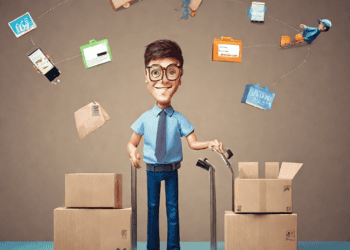 3D illustration of a man overcoming last-mile delivery with a cart full of boxes.