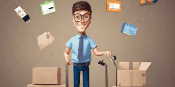 3D illustration of a man overcoming last-mile delivery with a cart full of boxes.