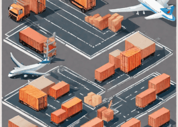 Isometric illustration of cargo containers, trucks, and airplanes at an India freight forwarding facility. Illustrates logistics and transportation. - Supply Chain News