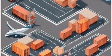 Isometric illustration of cargo containers, trucks, and airplanes at an India freight forwarding facility. Illustrates logistics and transportation. - Supply Chain News