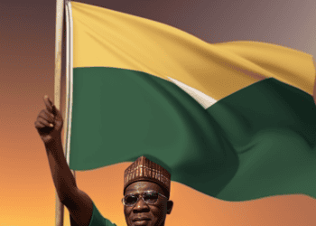 The President of Nigeria waving a green and yellow flag.
