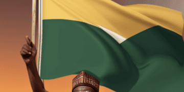 The President of Nigeria waving a green and yellow flag.