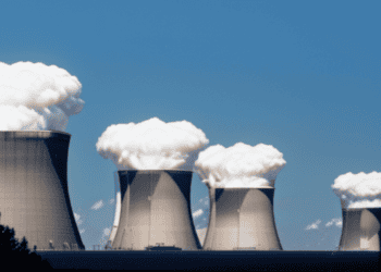 A group of cooling towers emitting smoke as global output from nuclear power declines.
