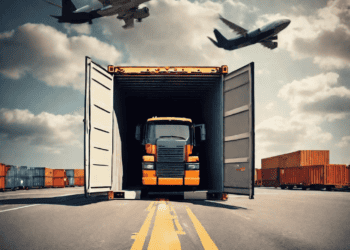 A truck is emerging from a container, with an airplane gracefully soaring in the background.