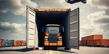 A truck is emerging from a container, with an airplane gracefully soaring in the background.