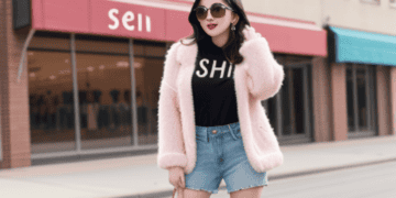 A woman wearing a pink fur coat and denim shorts while shopping on Shein.