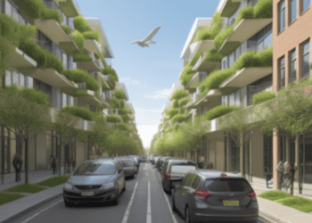 A new study presents an artist's rendering of a residential street, showcasing urban greening with trees growing on it towards achieving carbon neutrality.