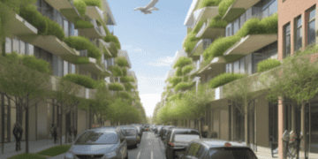 A new study presents an artist's rendering of a residential street, showcasing urban greening with trees growing on it towards achieving carbon neutrality.