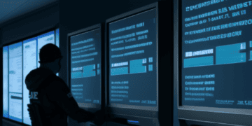 A man is standing in front of several monitors in a dark room, monitoring operations during a ransomware attack on credit unions.