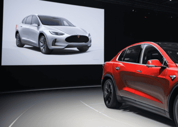 The Tesla Model Y, introduced by Elon Musk, is on display at an auto show.
