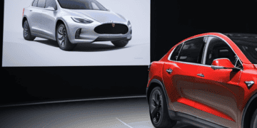 The Tesla Model Y, introduced by Elon Musk, is on display at an auto show.