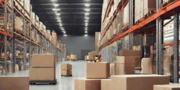 Automated warehouse with cardboard boxes and forklifts, showcasing advancements in delivery and logistics automation. - Supply Chain News