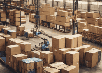 Warehouse interior with stacked cardboard boxes and industrial machinery, illustrating modern supply chain logistics. - Supply Chain News