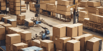 Warehouse interior with stacked cardboard boxes and industrial machinery, illustrating modern supply chain logistics. - Supply Chain News