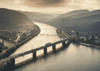 An impending aerial view of Europe's Rhine River bridge, showcasing its impact on trade.