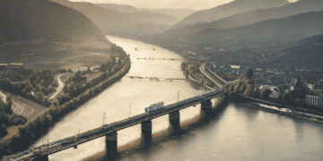 An impending aerial view of Europe's Rhine River bridge, showcasing its impact on trade.