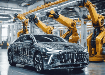 AI-powered robotic arms assemble a modern electric car on a factory floor. Automotive supply chain automation. - Supply Chain News