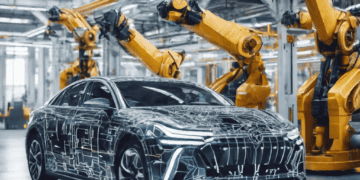 AI-powered robotic arms assemble a modern electric car on a factory floor. Automotive supply chain automation. - Supply Chain News