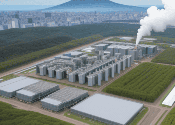 An aerial view of a factory in Japan with a mountain in the background.