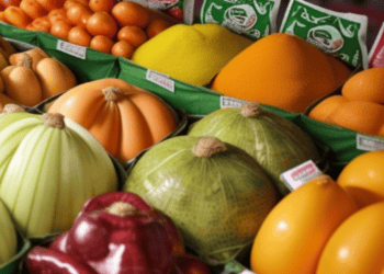 A variety of fruits and vegetables are on display at a market in Pakistan, amidst economic challenges such as inflation reduction.