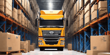 Yellow semi-truck in a large warehouse, illustrating India's 3PL sector. - Supply Chain News