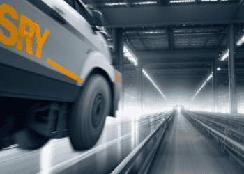 Fast-moving delivery truck on automated conveyor system; SRY logo visible. - Supply Chain News