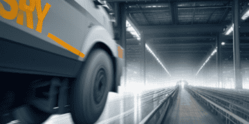 Fast-moving delivery truck on automated conveyor system; SRY logo visible. - Supply Chain News