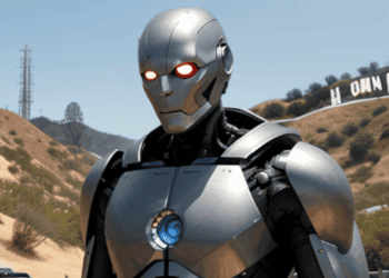 An iron man strike a pose in front of the iconic Hollywood sign.