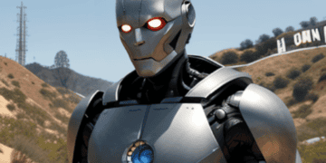 An iron man strike a pose in front of the iconic Hollywood sign.