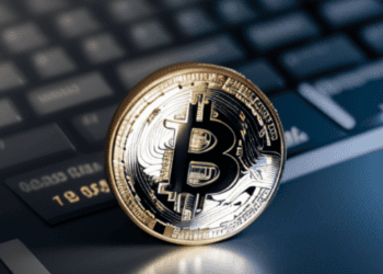 A bitcoin, the digital asset, sits on top of a laptop keyboard in the office of Coinbase's CEO.