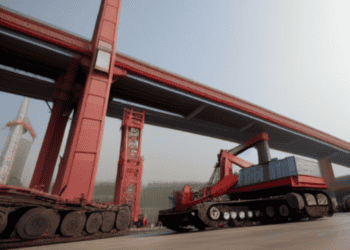 A red bulldozer, funded through private investment in China, is parked in front of a bridge.