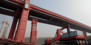 A red bulldozer, funded through private investment in China, is parked in front of a bridge.