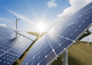 Solar panels and wind turbines in a field, facilitating clean energy investment in developing economies.