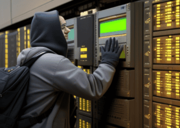 A man in a hoodie is inspecting a server in a data center, raising concerns of a potential data breach involving the US Department of Energy.