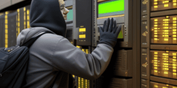 A man in a hoodie is inspecting a server in a data center, raising concerns of a potential data breach involving the US Department of Energy.