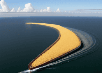 A boat with a large yellow shape in the middle of the ocean, sailing through East Africa.