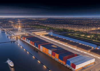 An aerial view of a container port at night in the Netherlands.