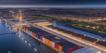 An aerial view of a container port at night in the Netherlands.