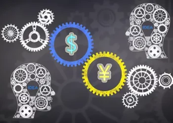 A man's head with gears and a dollar sign stock illustration, representing mutual cooperation.