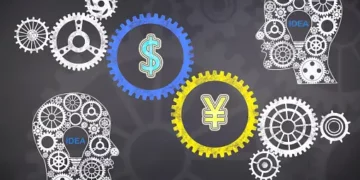 A man's head with gears and a dollar sign stock illustration, representing mutual cooperation.