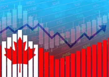 A Canadian flag on a background of a stock chart depicting the highest interest rate set by the Bank of Canada.