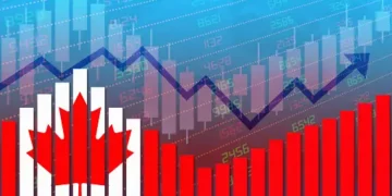 A Canadian flag on a background of a stock chart depicting the highest interest rate set by the Bank of Canada.