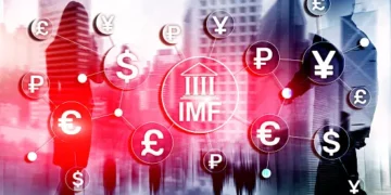 A group of people walking in front of a city with Pakistan's currency symbols, highlighting the economic risks and potential involvement of IMF.