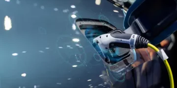 A Tesla car is plugged into a charging station at the Shanghai Battery Plant.