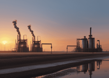An oil refinery at sunset with a reflection in the water, influenced by factors such as oil prices.