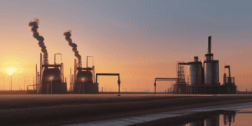 An oil refinery at sunset with a reflection in the water, influenced by factors such as oil prices.