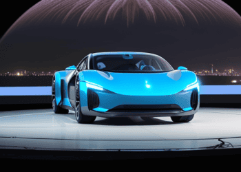 Sleek blue electric vehicle showcased against a fireworks display. Riyadh's EV initiative. - Supply Chain News
