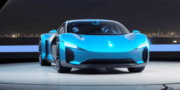 Sleek blue electric vehicle showcased against a fireworks display. Riyadh's EV initiative. - Supply Chain News