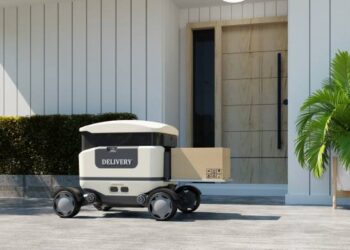 Amazon invests in last-mile tech with a delivery robot parked in front of a house.