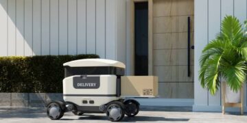 Amazon invests in last-mile tech with a delivery robot parked in front of a house.